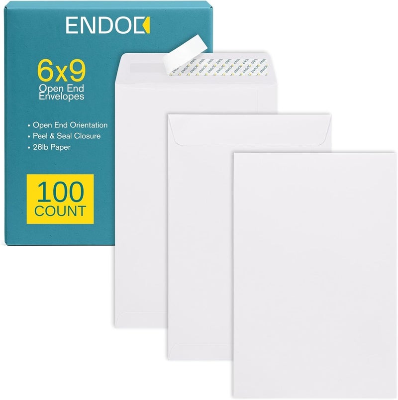 EnDoc أظرف مفتوحة 6x9 ذاتية الإغلاق - 100/عبوة - أظرف كتالوج قابلة للتقشير والإغلاق للبريد، بطاقات، كتالوجات، مكتب، أعمال، قانونية، مدرسة - ورق أبيض بوزن 28 رطل - Image 1